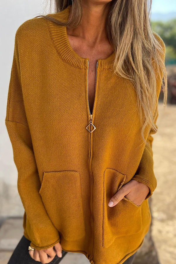 Drune | Farbe Rundhalsausschnitt Langarm Freizeit Reißverschluss Tasche Strickjacke