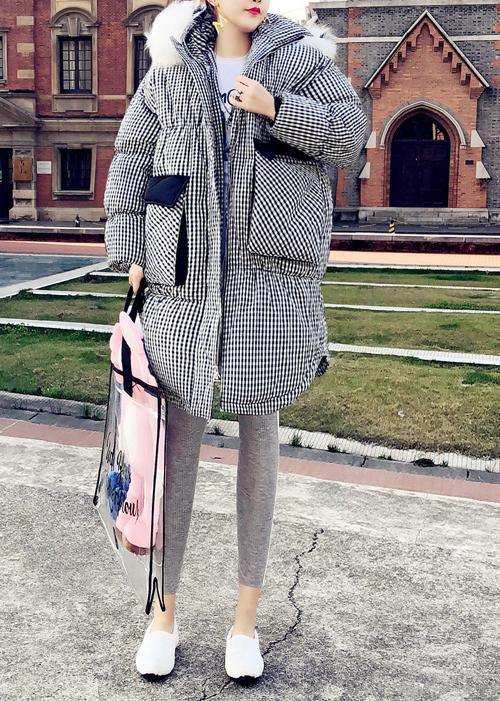 Drune | schwarzes Karomuster Daunenjacke Damen Plus Size Kleidung Parka mit Kapuze Der Kaninchenwolle Elegante Mäntel