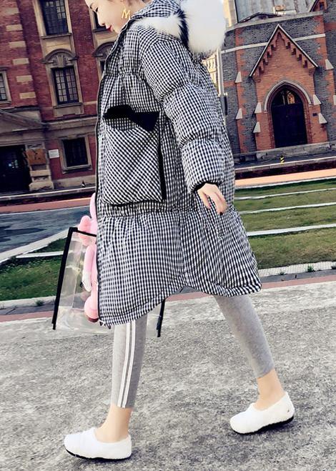 Drune | schwarzes Karomuster Daunenjacke Damen Plus Size Kleidung Parka mit Kapuze Der Kaninchenwolle Elegante Mäntel