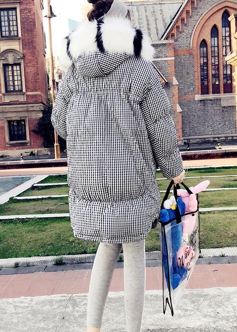 Drune | schwarzes Karomuster Daunenjacke Damen Plus Size Kleidung Parka mit Kapuze Der Kaninchenwolle Elegante Mäntel
