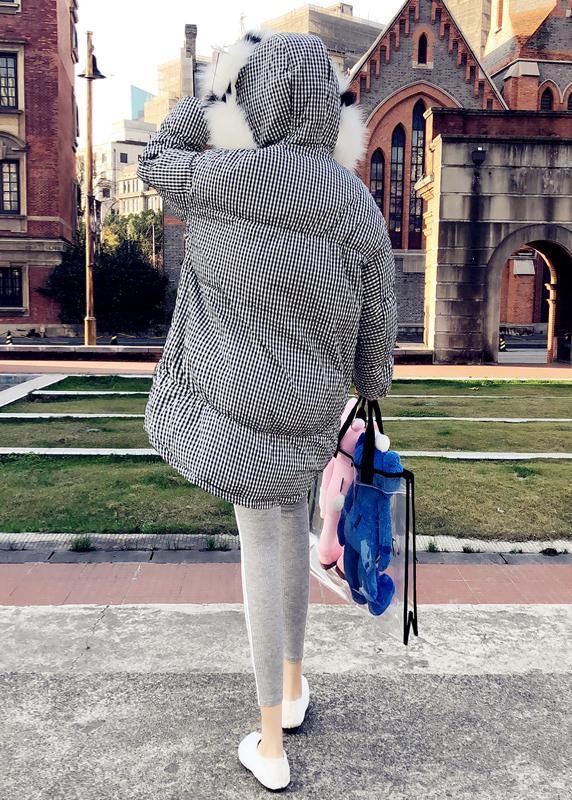 Drune | schwarzes Karomuster Daunenjacke Damen Plus Size Kleidung Parka mit Kapuze Der Kaninchenwolle Elegante Mäntel