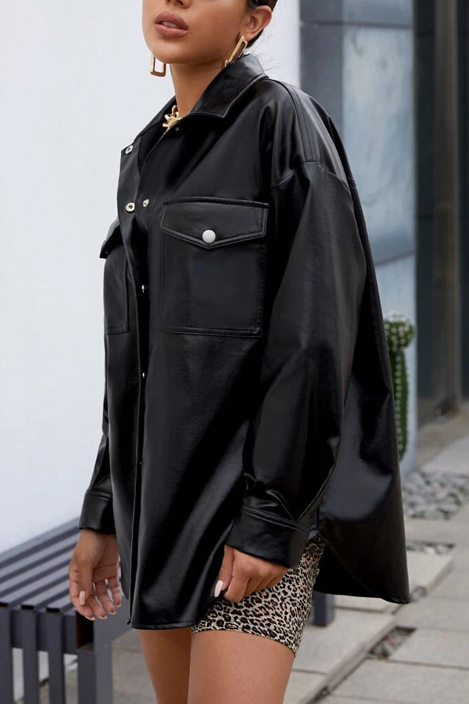 Drune | Plans Khaki Faux Leder Shacket