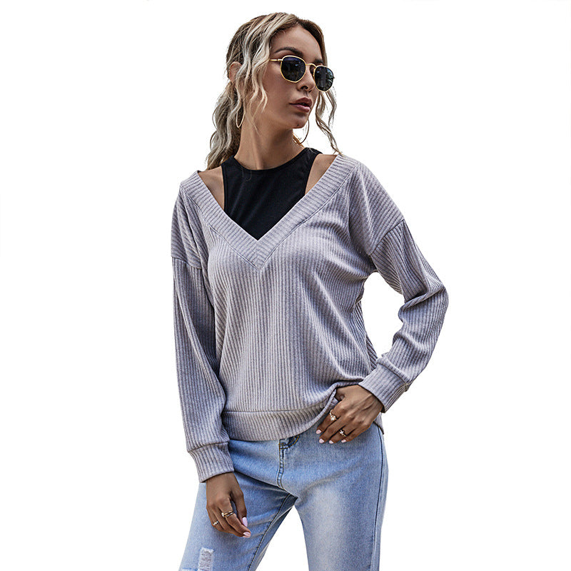 Damen lässiger Pullover mit V-Ausschnitt und strukturiertem Waffelmuster Drune
