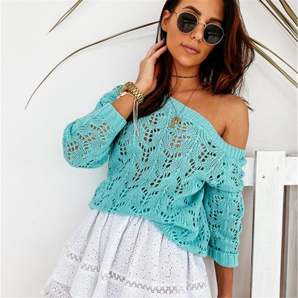 Damen Off-Shoulder Strickpullover mit floralem Lochmuster Drune
