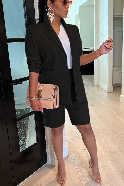 Drune | Rosiedress Solide Langarm Blazer und Shorts Büro Set