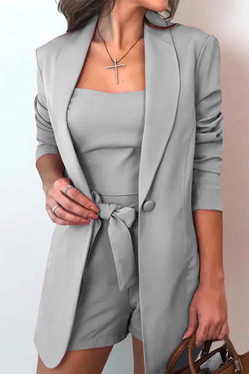 Drune | Rosiedress Quadratkragen-Oberteil und Ein-Knopf-Cardigans Taillierte Shorts Drei Teile