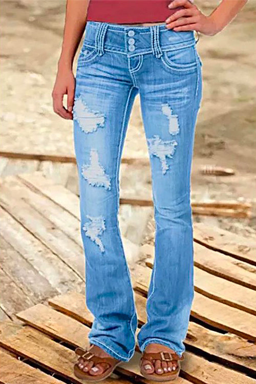 Drune | Rosiedress Button Down Distressed Ripped Jeans mit Taschen