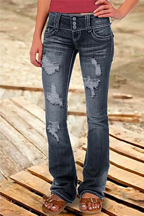 Drune | Rosiedress Button Down Distressed Ripped Jeans mit Taschen