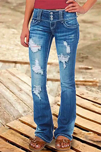Drune | Rosiedress Button Down Distressed Ripped Jeans mit Taschen