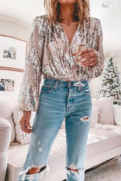 Drune | Rosiedress Stilvolle V-Ausschnitt Langarm Pailletten Splice Top