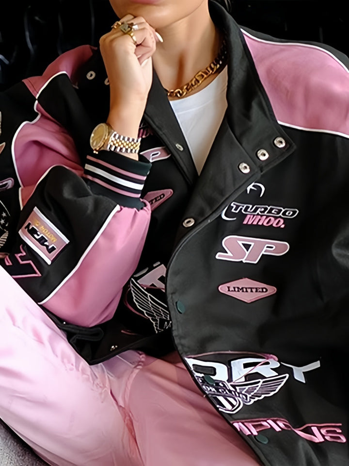 Drune | Black Pink Raglan Moto Jacke Mit Gedrucktem Slogan