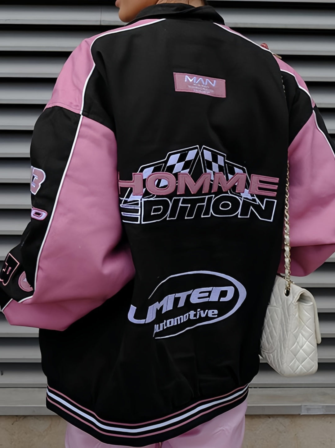Drune | Black Pink Raglan Moto Jacke Mit Gedrucktem Slogan