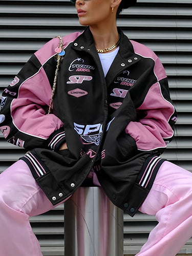 Drune | Schwarze Pink Raglan-Motojacke mit bedrucktem Slogan