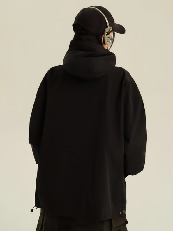 Drune | Retro schwarze wasserdichte Outdoor-Jacke mit Kapuze