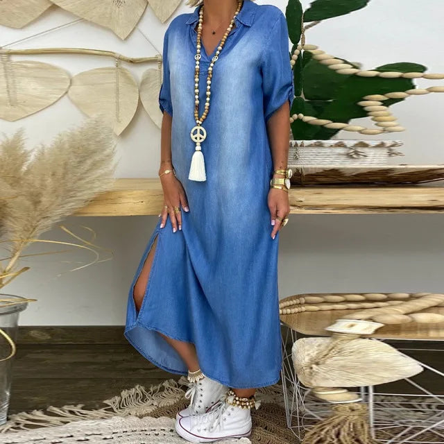 Drune | Lässiges Denim Maxikleid Mit Kragen Für Damen