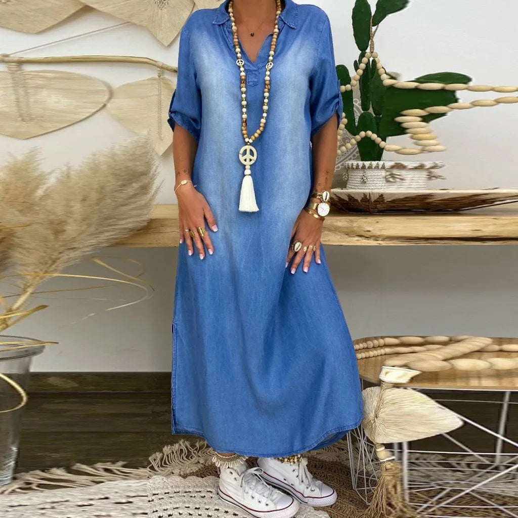 Drune | Lässiges Denim Maxikleid Mit Kragen Für Damen