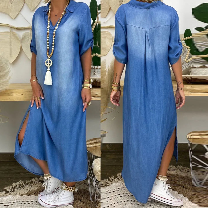 Drune | Lässiges Denim Maxikleid Mit Kragen Für Damen