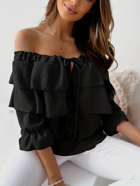Drune - Damen Bluse aus lockerem Chiffon mit Schulterfreiheit und Volantkante, elastischem Schultergurt