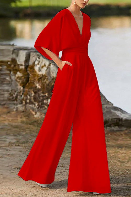 Drune | Rosiedress Tiefes V-Ausschnitt Hohe Taille Weitbeiniger Overall