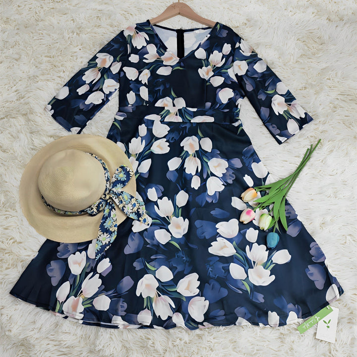 Drune | Blumen-Sifonk-Kleid mit weitem V-Ausschnitt