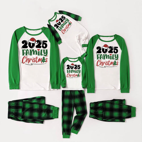 Drune | Santa Hut und Familie Weihnachten 2025 Druck Langarmoberteil mit grünem & schwarzem karierter Weihnachten passende Pyjamas