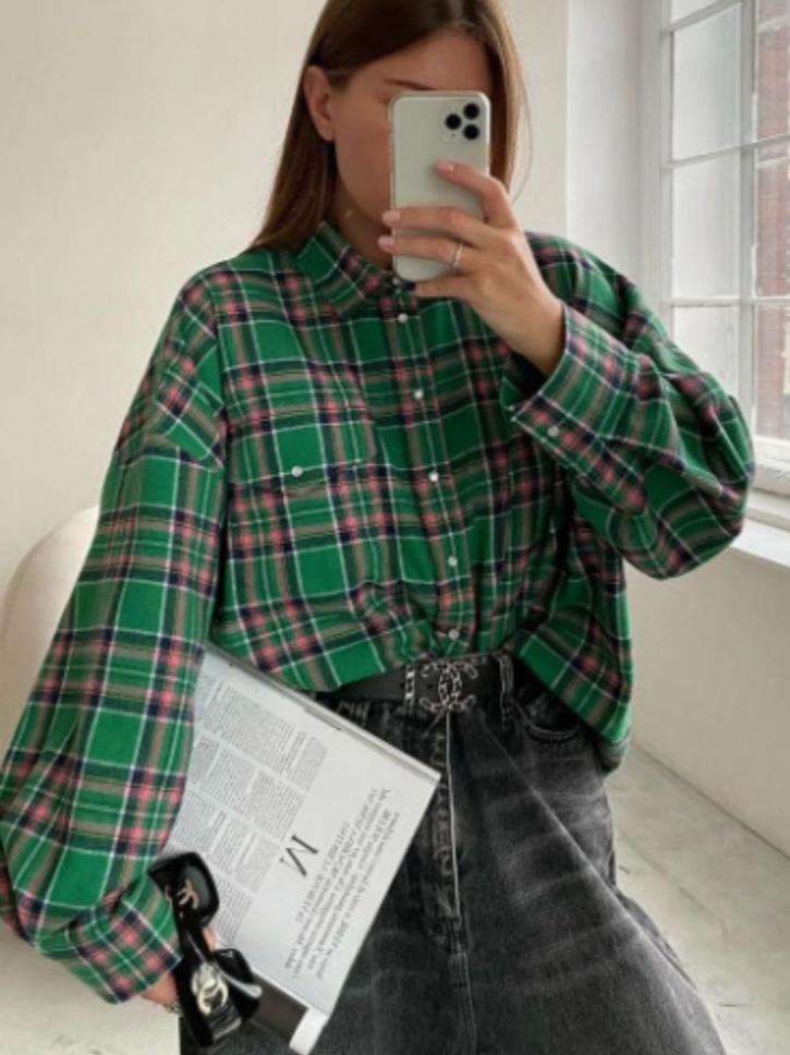 Damen Oversize Karo Flanellhemd Bequem Für Alltag