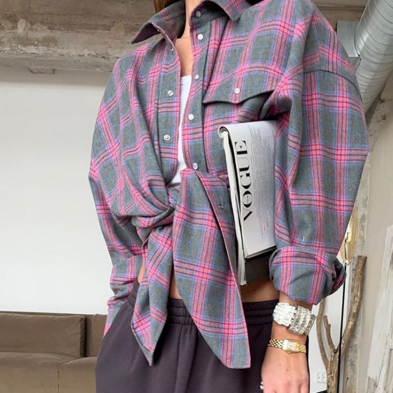 Damen Oversize Karo Flanellhemd Bequem Für Alltag