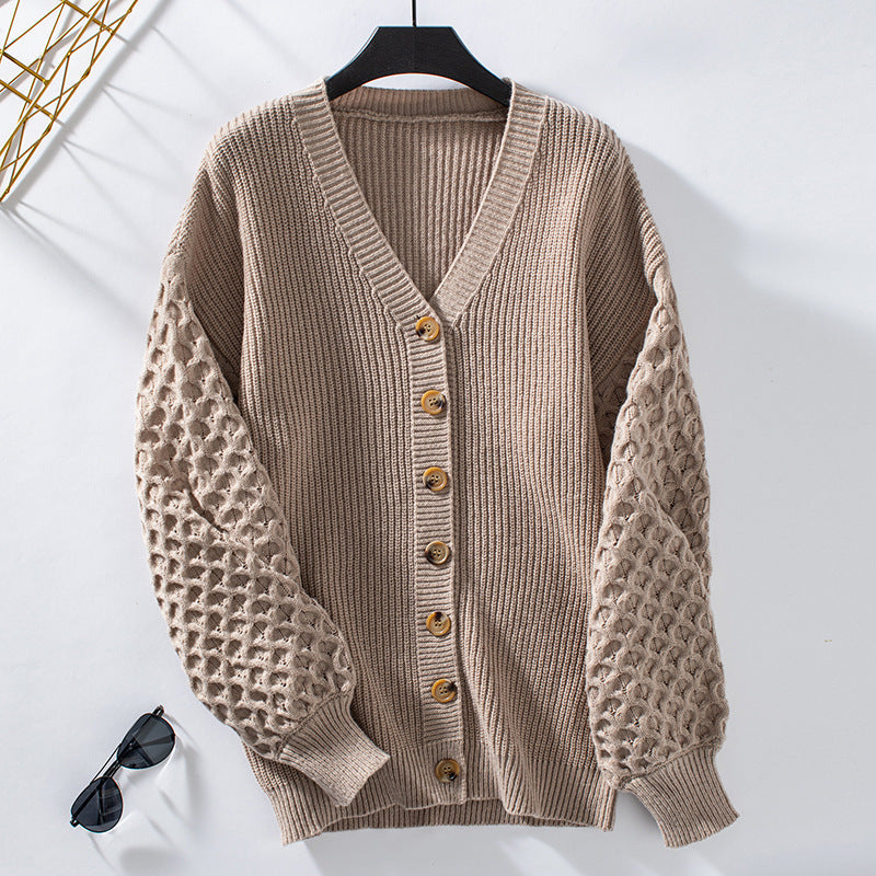 Drune | Strickjacke V-Ausschnitt Ballonärmel Weich Und Lockerer Schnitt Knöpfe