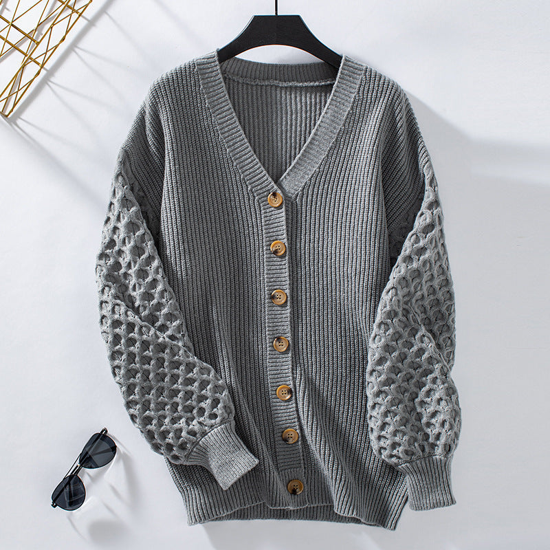 Drune | Strickjacke V-Ausschnitt Ballonärmel Weich Und Lockerer Schnitt Knöpfe