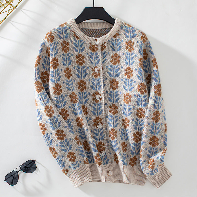 Drune | Strickjacke Gestrickt Blumenmuster Lockere Passform Knöpfe Rundhals