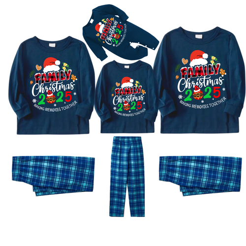 Drune | Familie Weihnachten 2025 Erinnerungen Gemeinsam Machen Text Druck Blau Langarmtop Mit Blauem Karomuster Familie Passende Pyjamas