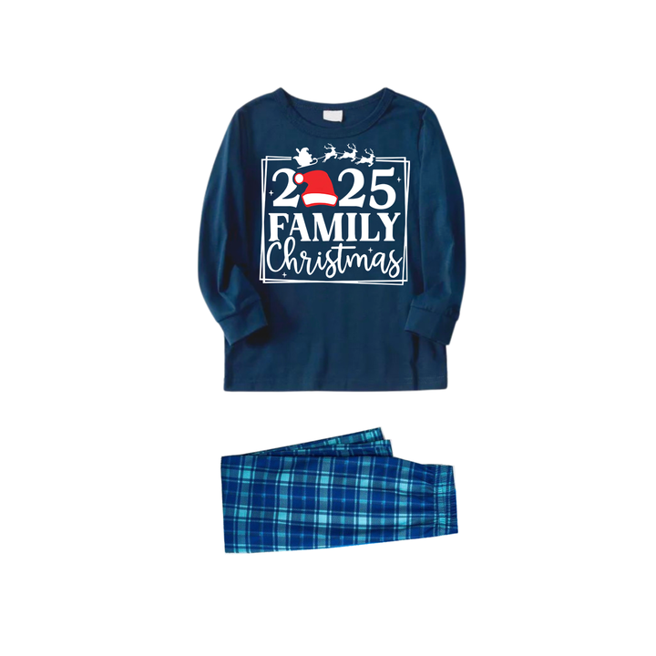 Drune | "2025 FAMILIEN WEIHNACHTEN" Text und Schlittenmuster - Blaue Langarmoberteil mit blauen Karomuster Familien passende Pyjamas