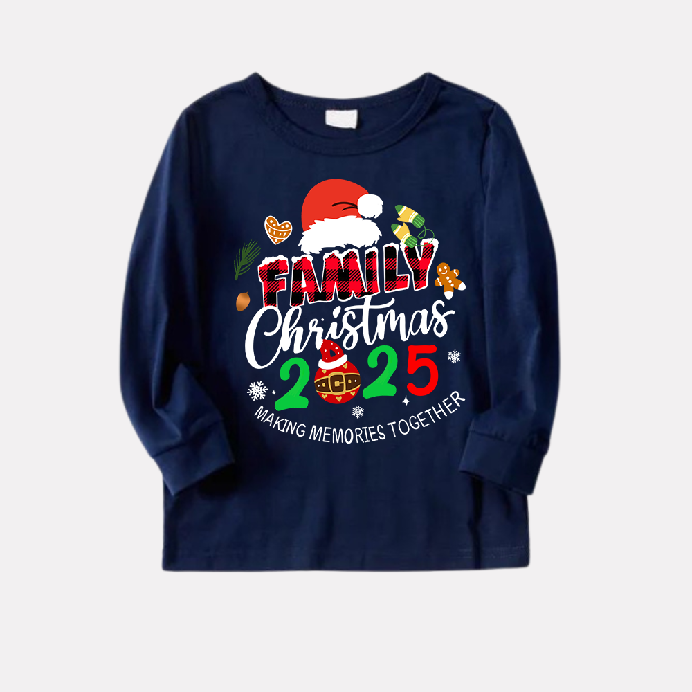 Drune | "Familien-Weihnachten 2025" Text und Weihnachtsmannhut Drucke Blaue Langarmoberteil mit Rot- und Blau-Karohose Weihnachts-Matching-Pyjamas