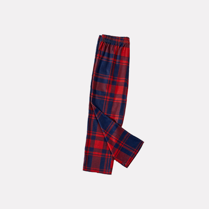 Drune | "Familien-Weihnachten 2025" Text und Weihnachtsmannhut Drucke Blaue Langarmoberteil mit Rot- und Blau-Karohose Weihnachts-Matching-Pyjamas