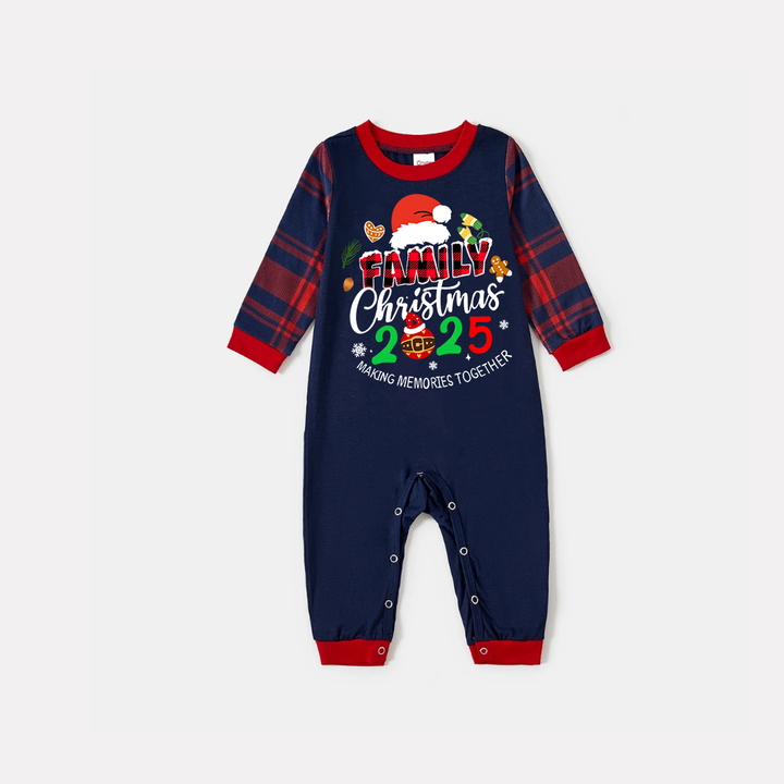 Drune | "Familien-Weihnachten 2025" Text und Weihnachtsmannhut Drucke Blaue Langarmoberteil mit Rot- und Blau-Karohose Weihnachts-Matching-Pyjamas