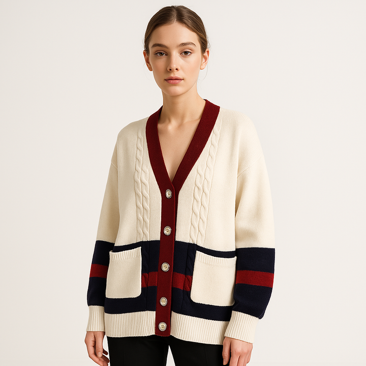 Drune | Eleganter Cardigan mit weißen Streifen im Preppy-Stil und lässigem Komfort