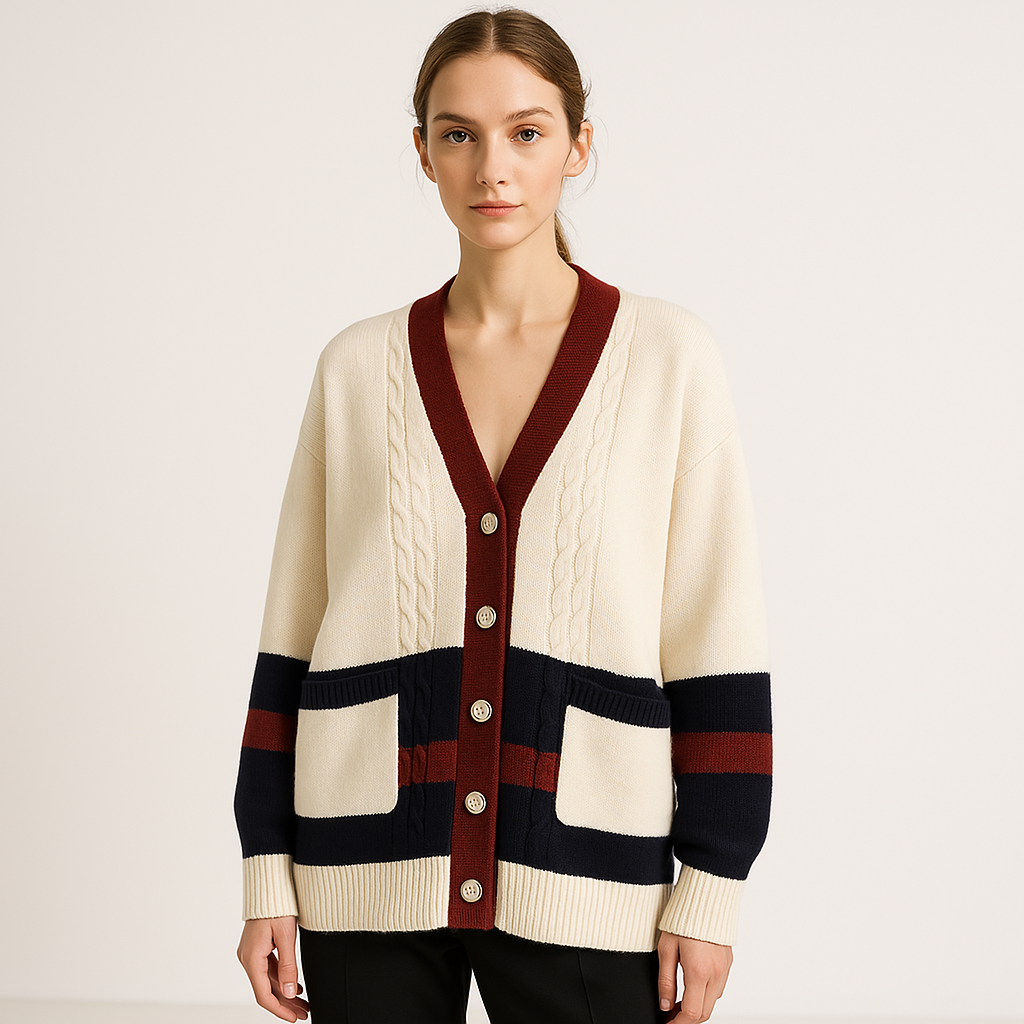 Drune | Eleganter Cardigan mit weißen Streifen im Preppy-Stil und lässigem Komfort