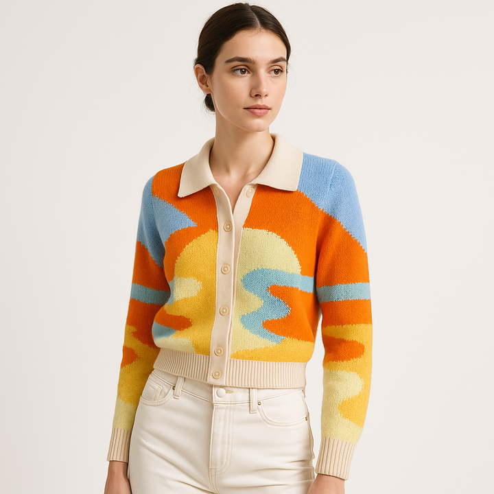 Drune | Cardigan Motiv Abstrakt Orange Retro, Bunt und Kühn