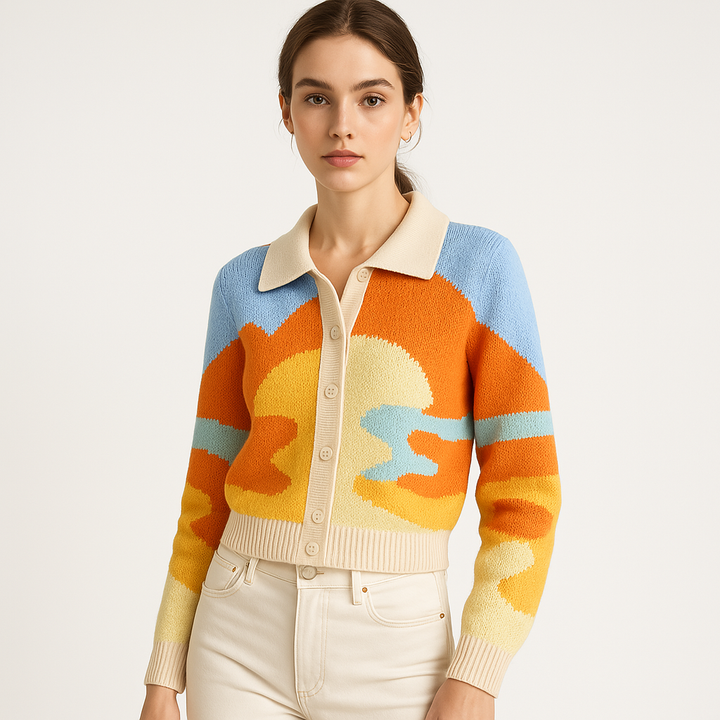 Drune | Cardigan Motiv Abstrakt Orange Retro, Bunt und Kühn