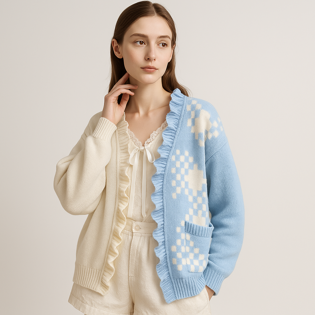 Drune | Zwei-Farben-Cardigan mit Rüschen in Hellblau, Kawaii und Bequem