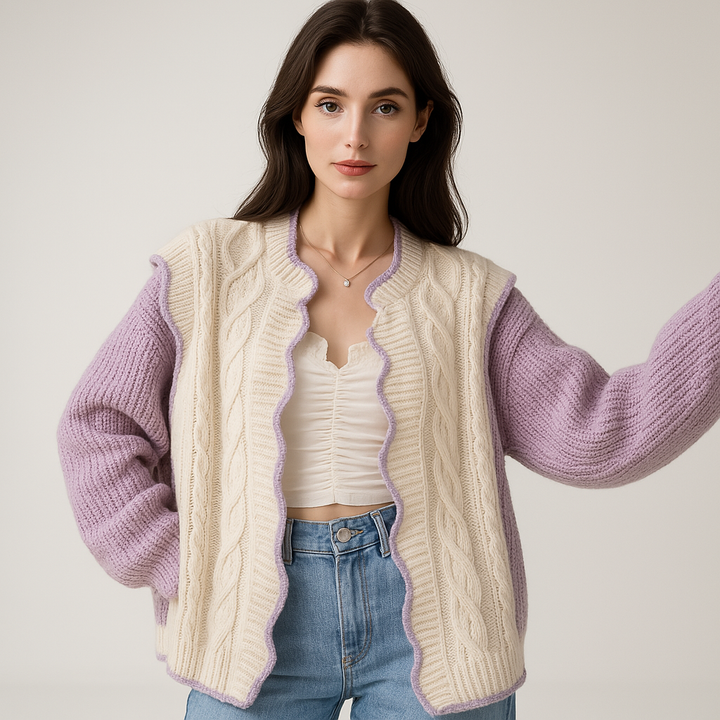 Drune | Romantischer und gemütlicher Pastellvioletter & Creme Rüschencardigan