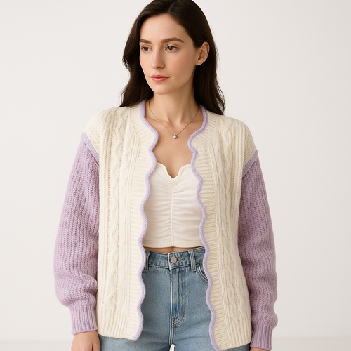 Drune | Romantischer und gemütlicher Pastellvioletter & Creme Rüschencardigan