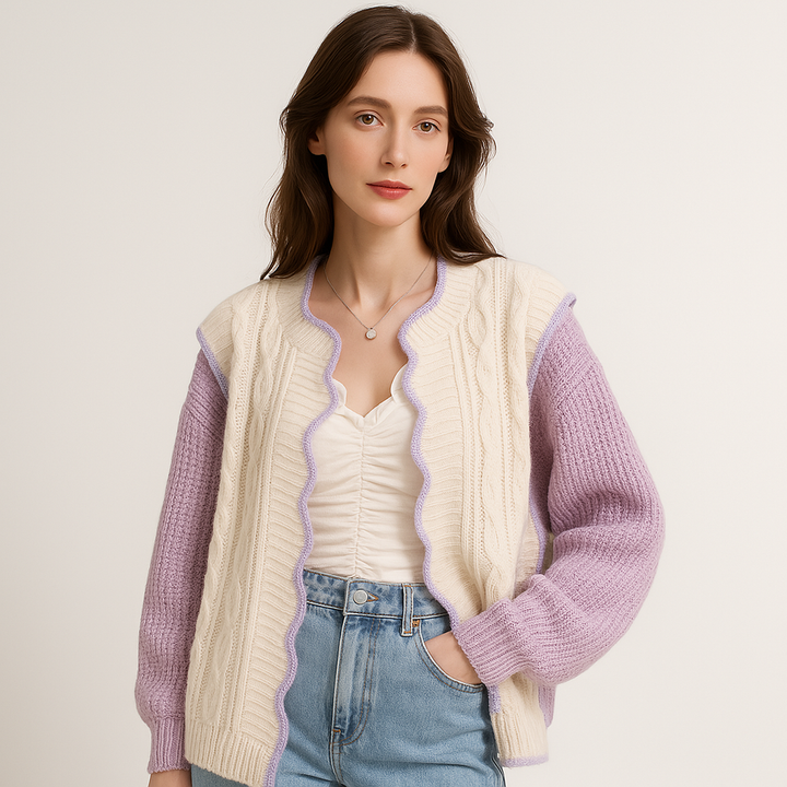 Drune | Romantischer und gemütlicher Pastellvioletter & Creme Rüschencardigan