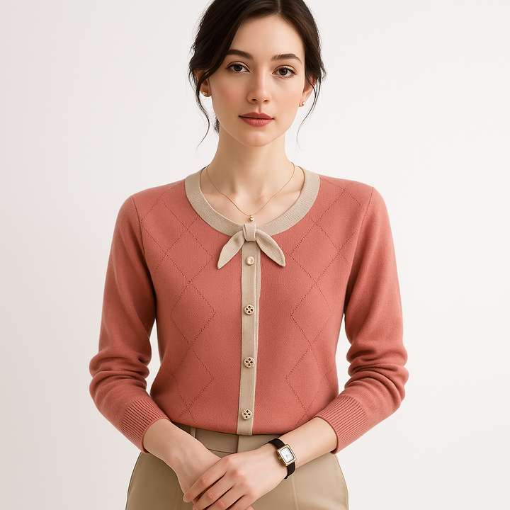 Drune | Cardigan Rosa Elegante Kontrastierende Details & Schicker und Femininer Knoten