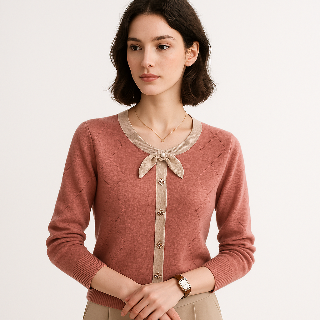 Drune | Cardigan Rosa Elegante Kontrastierende Details & Schicker und Femininer Knoten
