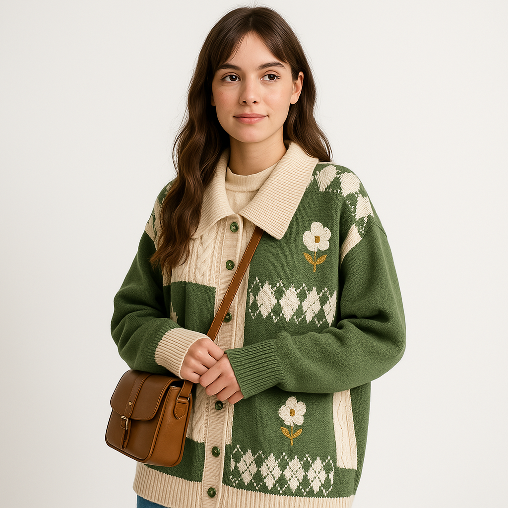 Drune | Cardigan Patchwork Blume Rosa oder Grün Gemütlich & Stylisch