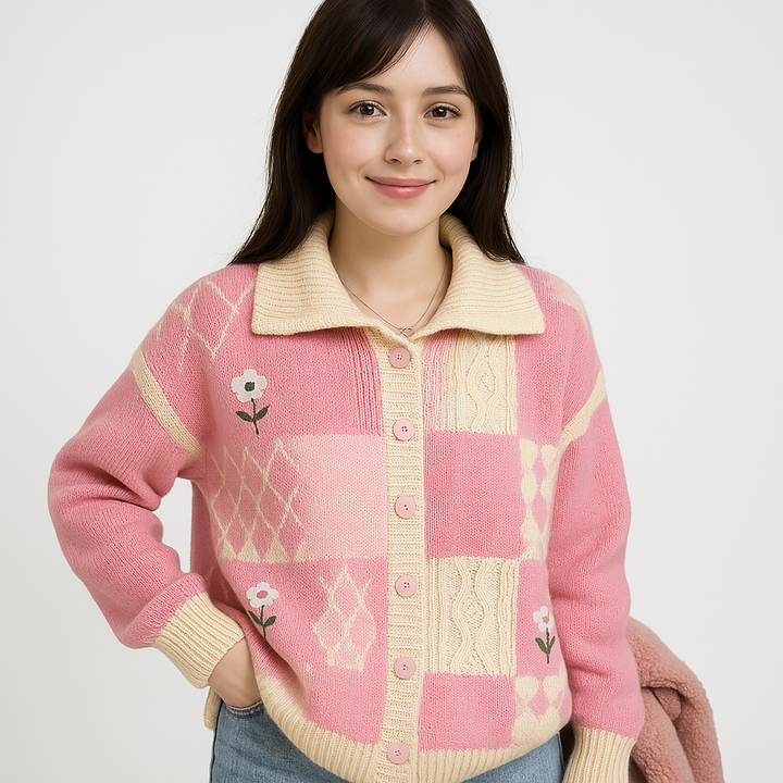 Drune | Cardigan Patchwork Blume Rosa oder Grün Gemütlich & Stylisch