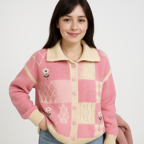Drune | Cardigan Patchwork Blume Rosa oder Grün Gemütlich & Stylisch