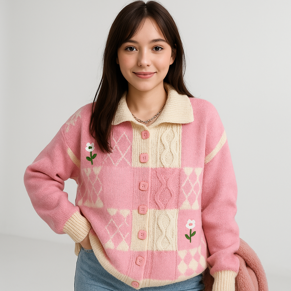 Drune | Cardigan Patchwork Blume Rosa oder Grün Gemütlich & Stylisch