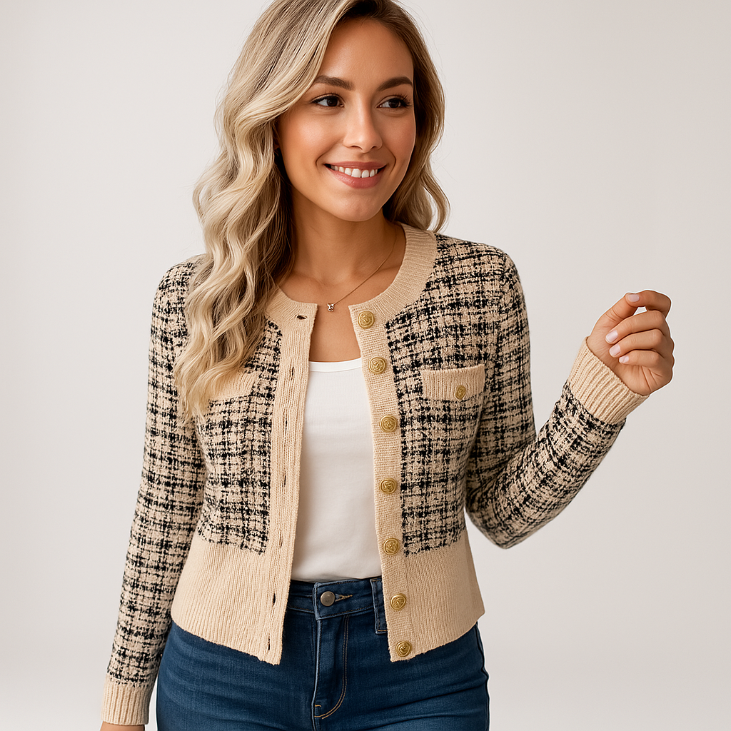 Drune | Elegant & structured tweed cardigan with buttons in beige & black